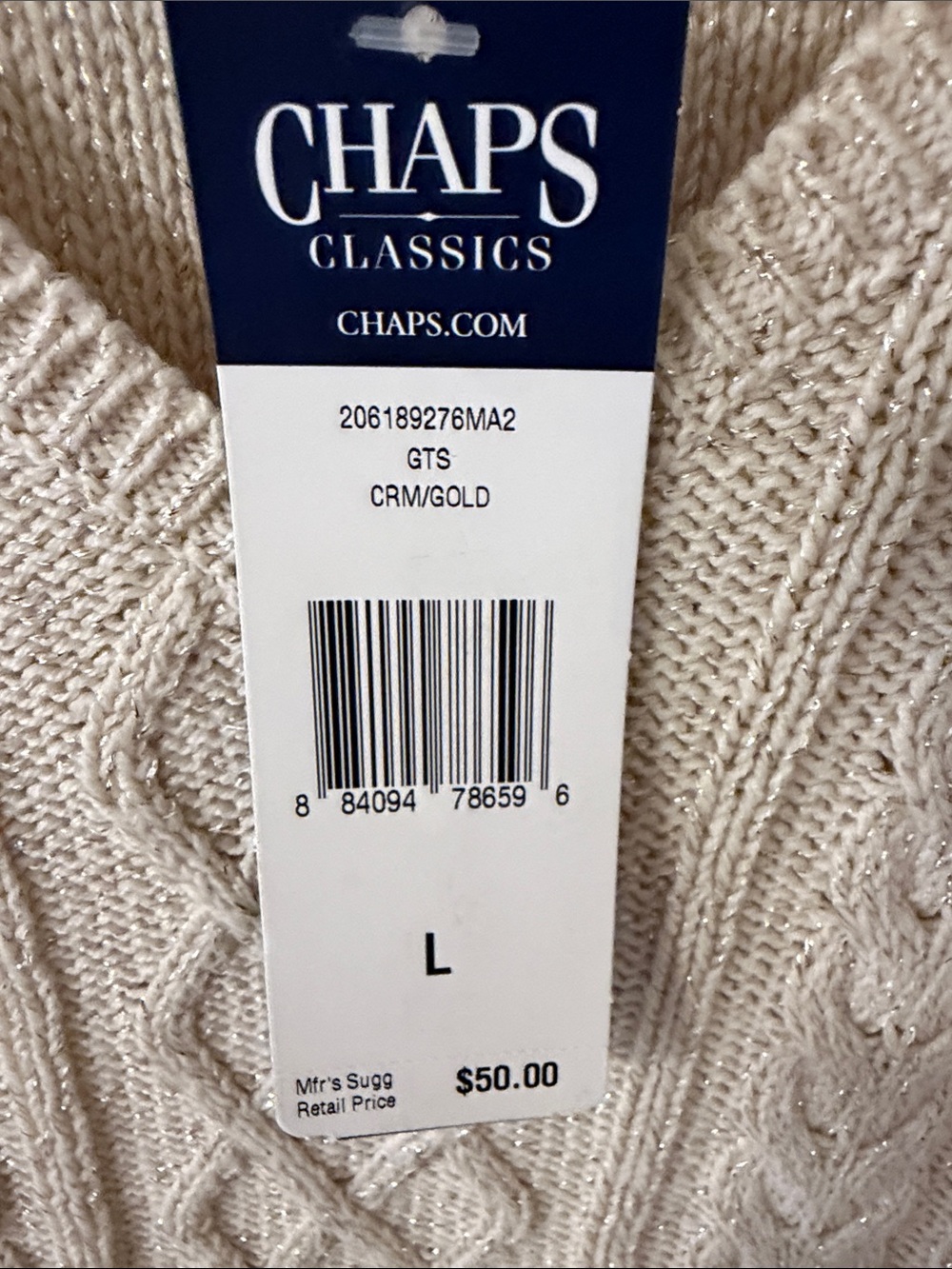 NWT Chaps Classics Metallic Shimmer
Cable Knit V-Neck Sweater Cream Large - Picture 3 of 6